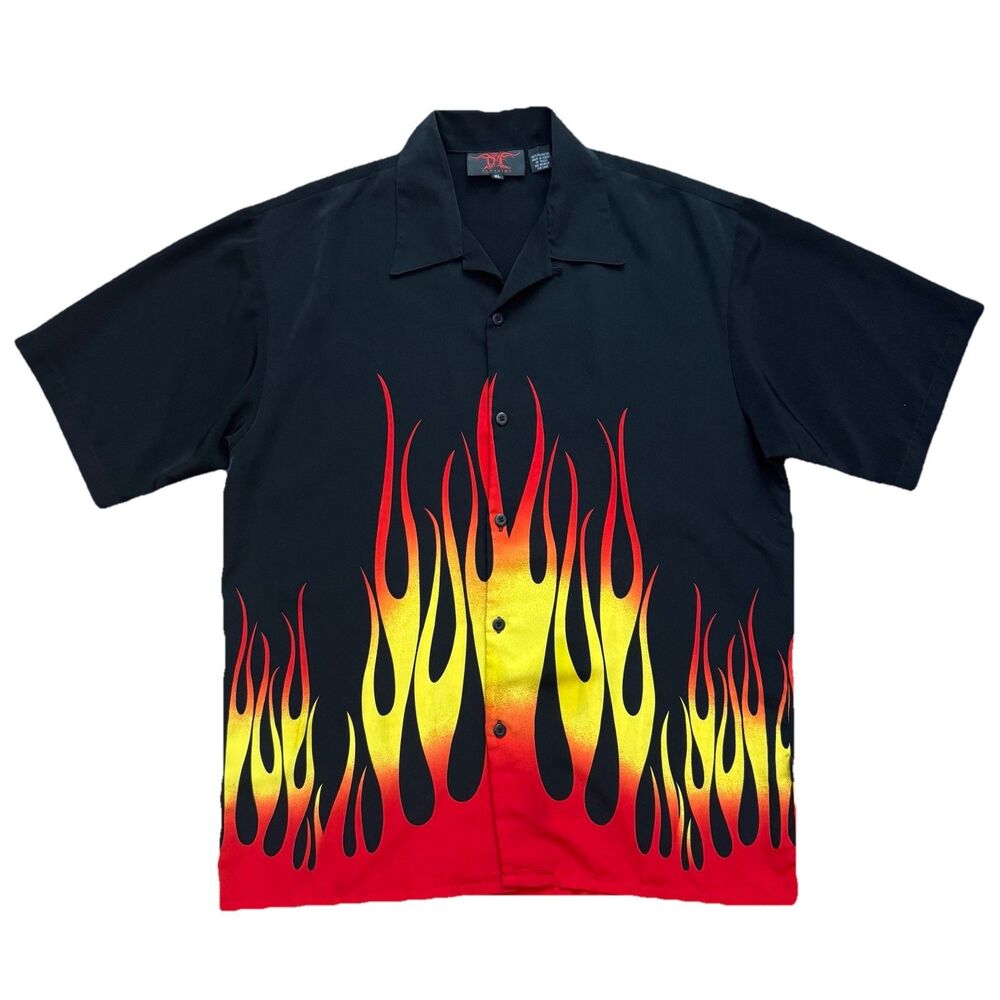 Dragonfly Flame Button Up Shirt Men’s XL Black Red Yellow Y2K Biker Rockabilly